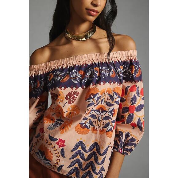 Farm Rio Anthropologie Boho Off-The-Shoulder Poplin Top L Tropical Print Peasant - Picture 1 of 9